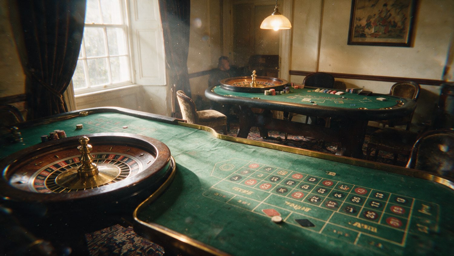 The small refined gaming room at CloudSaveCircuit with roulette and blackjack tables, warm pendant light