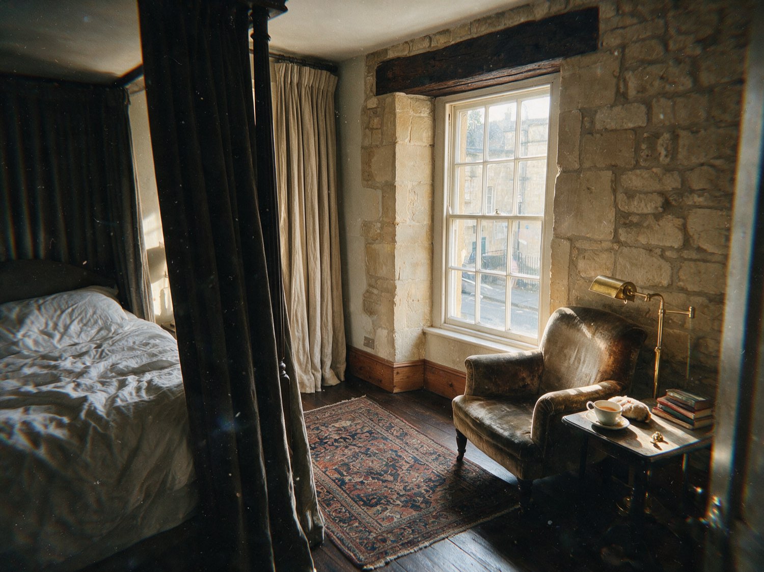 The Garden Suite at CloudSaveCircuit with four-poster bed and velvet armchair